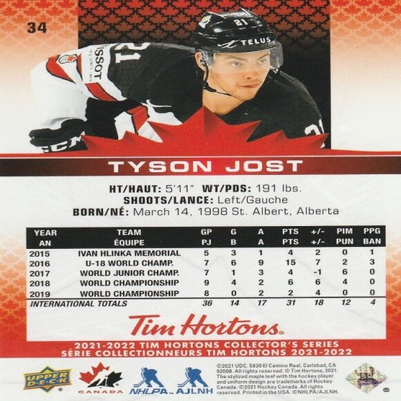 Tyson Jost - 2021/2022 Tim Hortons Collector's Series Hockey Card - Picture 2 of 2